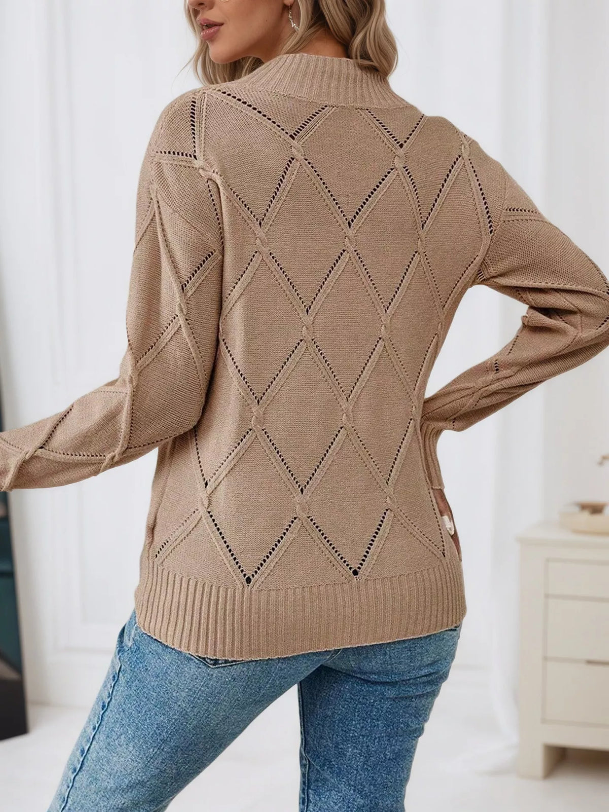 Simply Love long sleeve diamond eyelet knit top with intricate eyelet details and a comfortable, stylish fit.