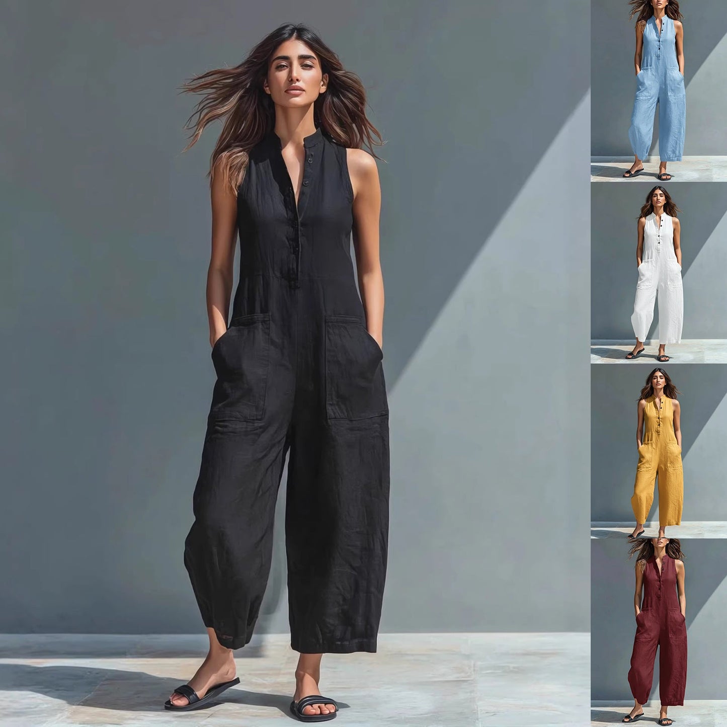 Women’s sleeveless V-neck button jumpsuit with pockets, stylish summer outfit from Plush Fashion Hub, shown on a model.
