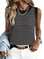 Striped knit sweater vest from Shopimist, featuring a cozy design with multicolor horizontal stripes and ribbed trim.
