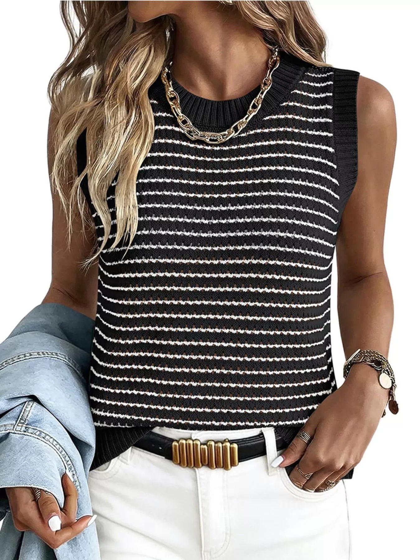 Striped knit sweater vest from Shopimist, featuring a cozy design with multicolor horizontal stripes and ribbed trim.
