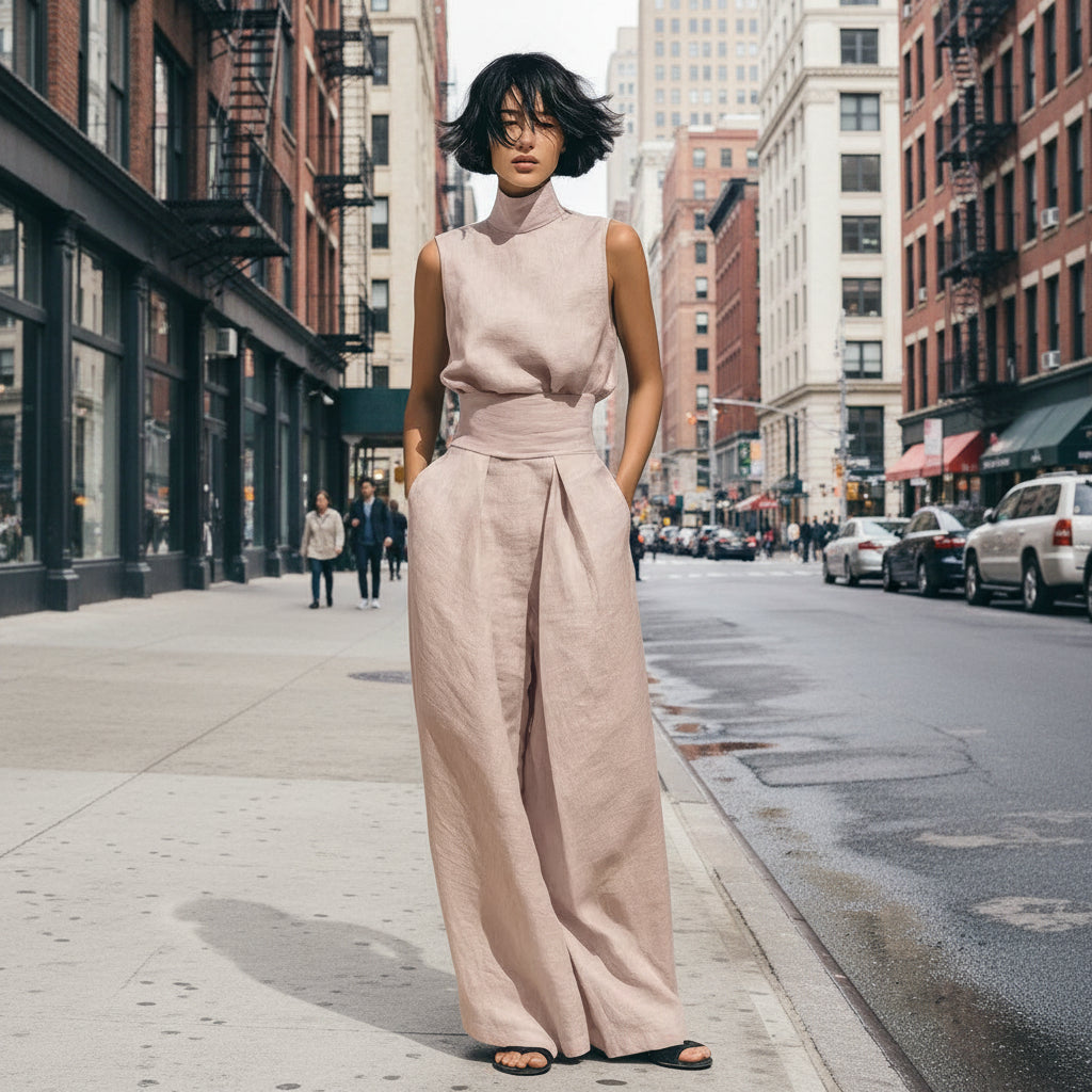 Women’s casual two-piece set from FitiqueFit with a sleeveless top and wide-leg pants, displayed on a neutral background.