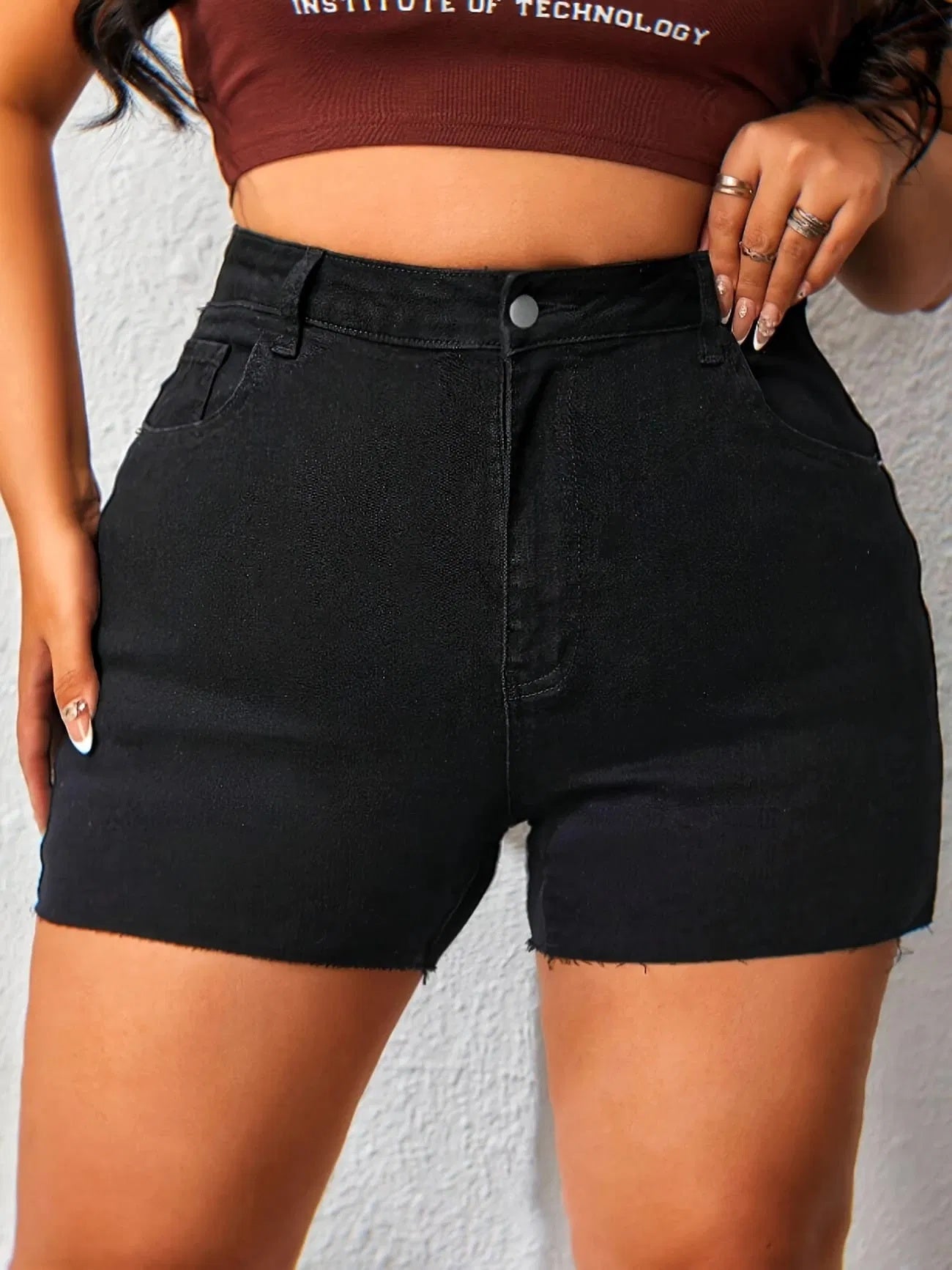 Women’s high waist denim shorts by FitiqueFit, casualwear style with classic blue denim, front pockets, and distressed details.