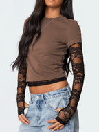 Women's fitted lace sleeve T-shirt from Trendsi featuring an elegant design and sophisticated casual style.
