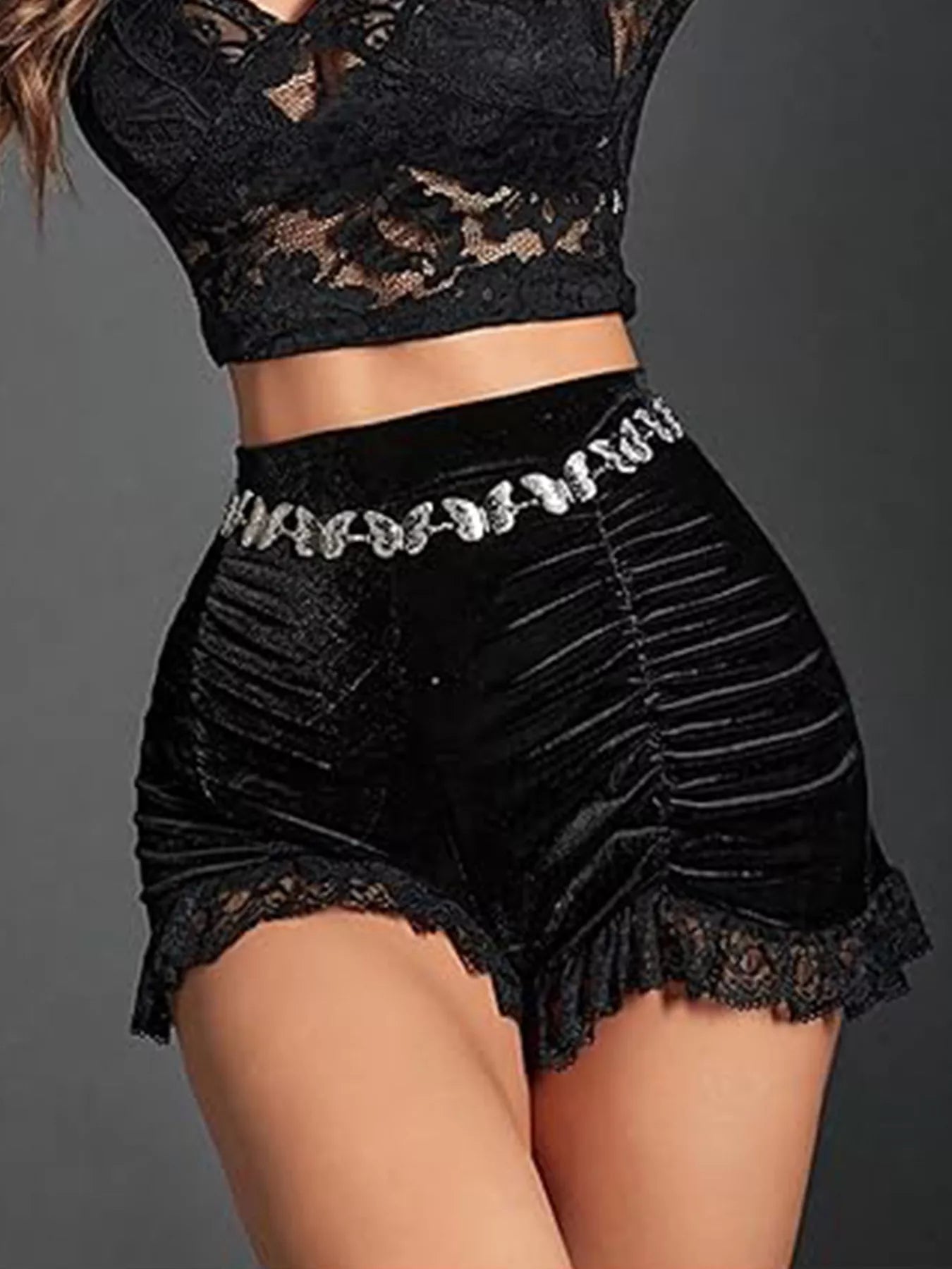 Velvet ruched lace trim shorts by Shopimist, featuring soft fabric, delicate lace details, and a stylish, comfortable fit.