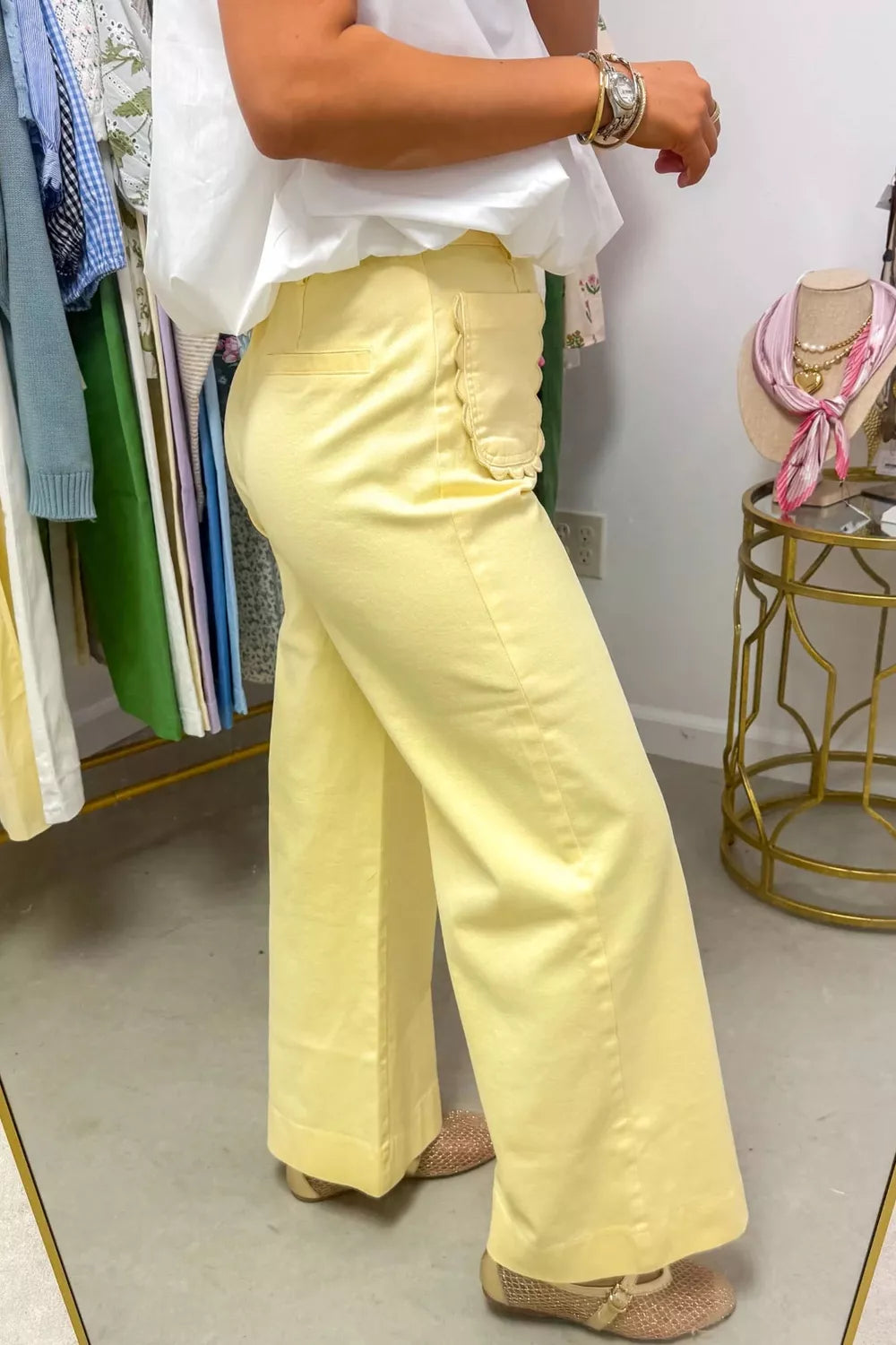 Solid color scalloped patch pocket shift jeans by Plush Fashion Hub, showing the front view with scalloped pocket details.