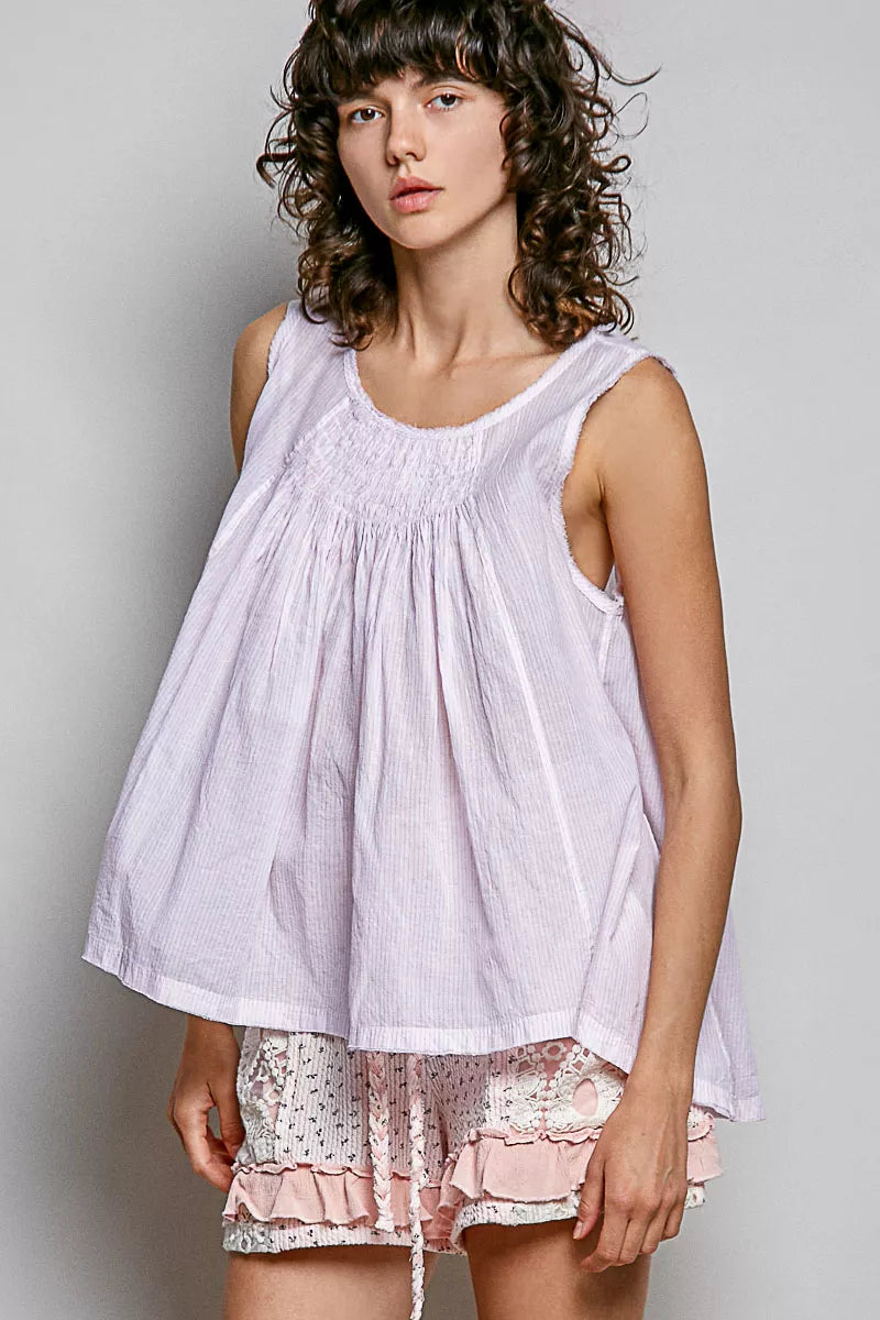 Pol Pol sleeveless striped cotton top with round neck and pleated design, stylish and comfortable for casual wear.