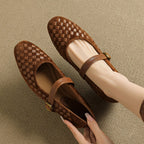 Women's plush sheepskin Mary Jane shoes with single strap, round toe, flat leather design by Plush Fashion Hub.