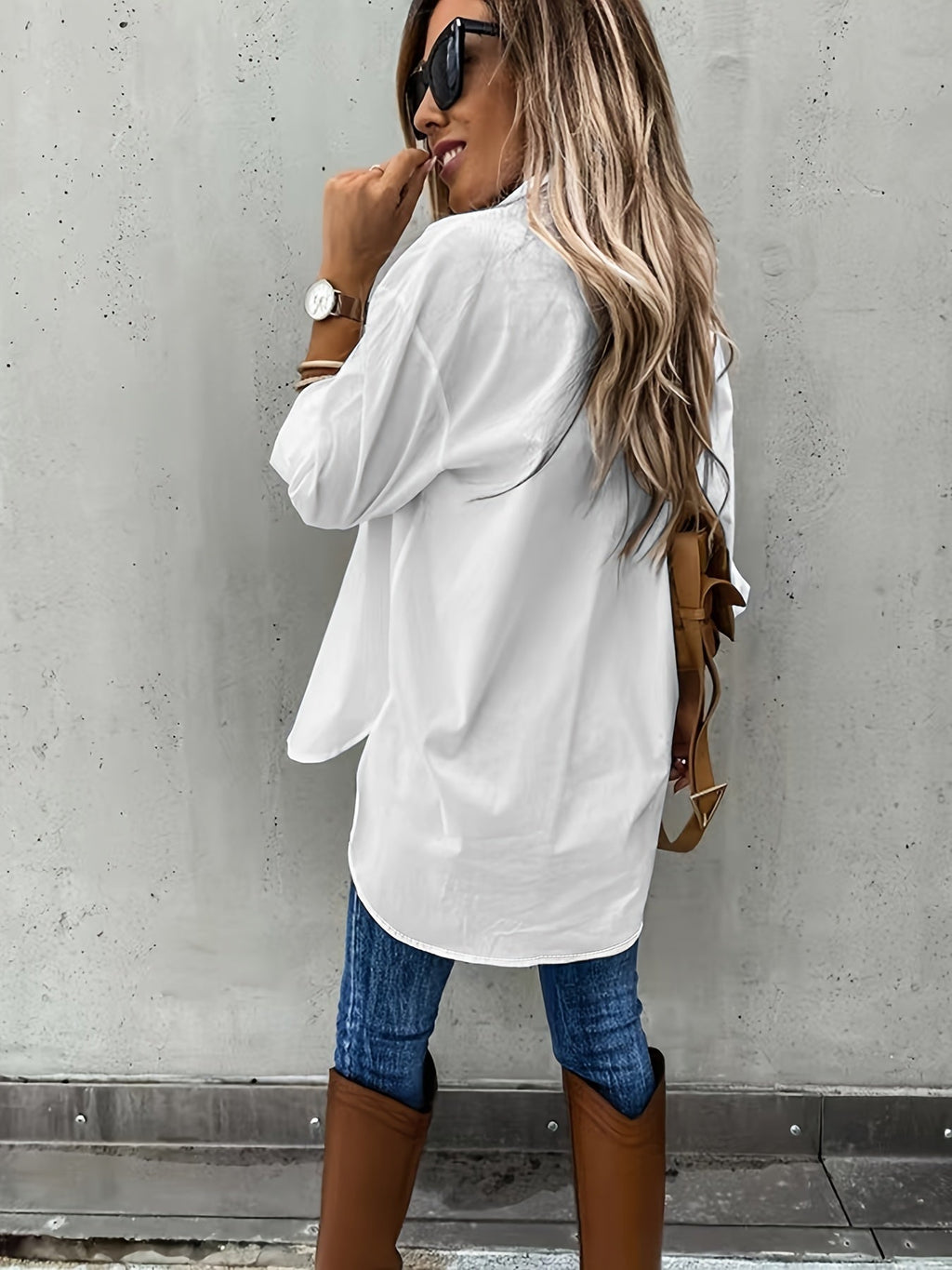 Women’s casual long sleeve shirt with pocket by FitiqueFit, shown in a relaxed fit with button details and soft fabric.