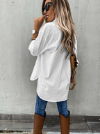Women’s casual long sleeve shirt with pocket by FitiqueFit, shown in a relaxed fit with button details and soft fabric.