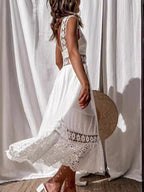 Plus size openwork crochet sleeveless midi dress by Trendsi, perfect boho summer beachwear with airy, stylish design.
