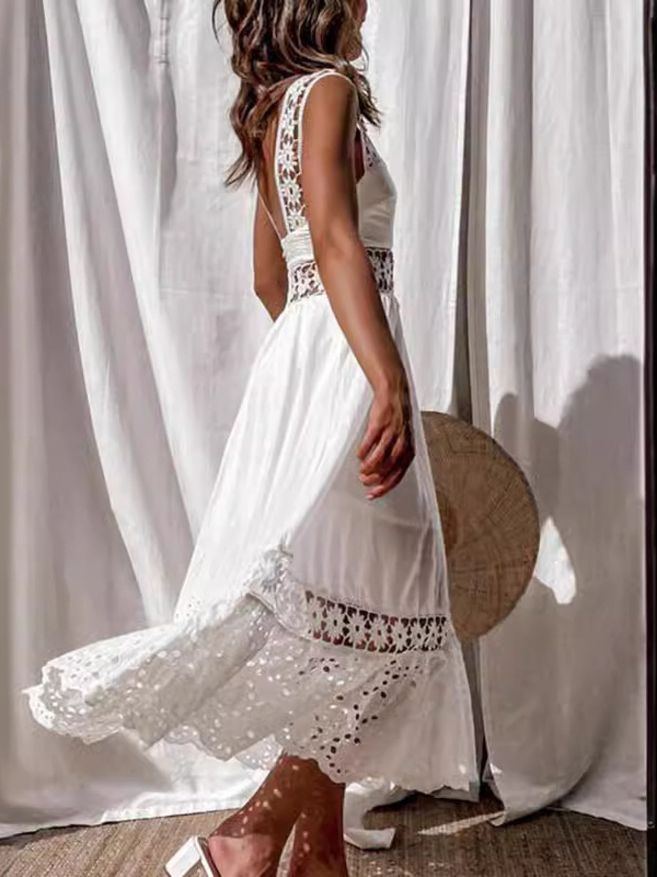 Plus size openwork crochet sleeveless midi dress by Trendsi, perfect boho summer beachwear with airy, stylish design.