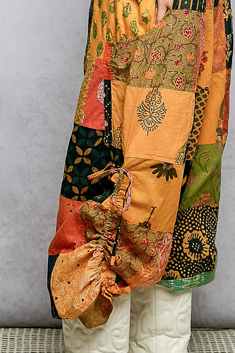 Printed patchwork wide leg cotton pants with side drawstring, featuring a dress style from Trendsi.