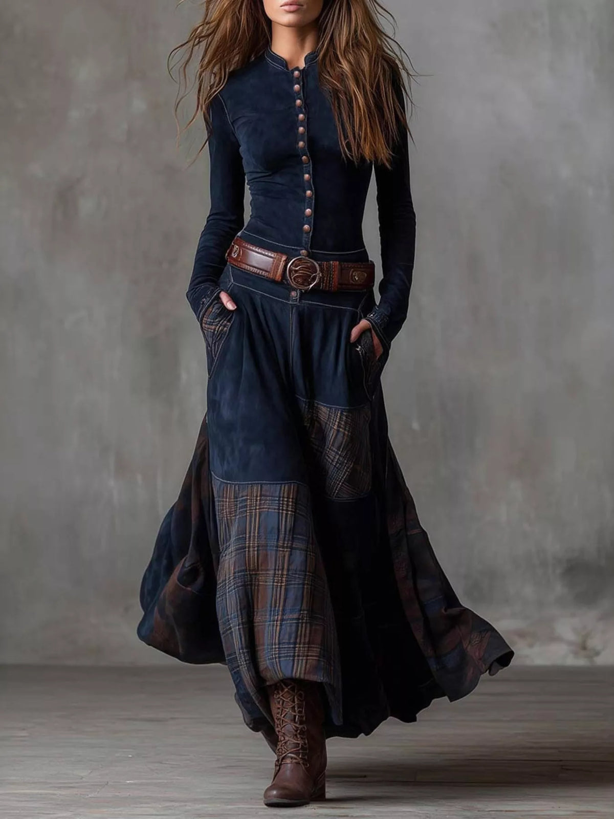 Plus size plaid button-front long sleeve dress by Shopimist, showing the full-length design with a classic checked pattern.