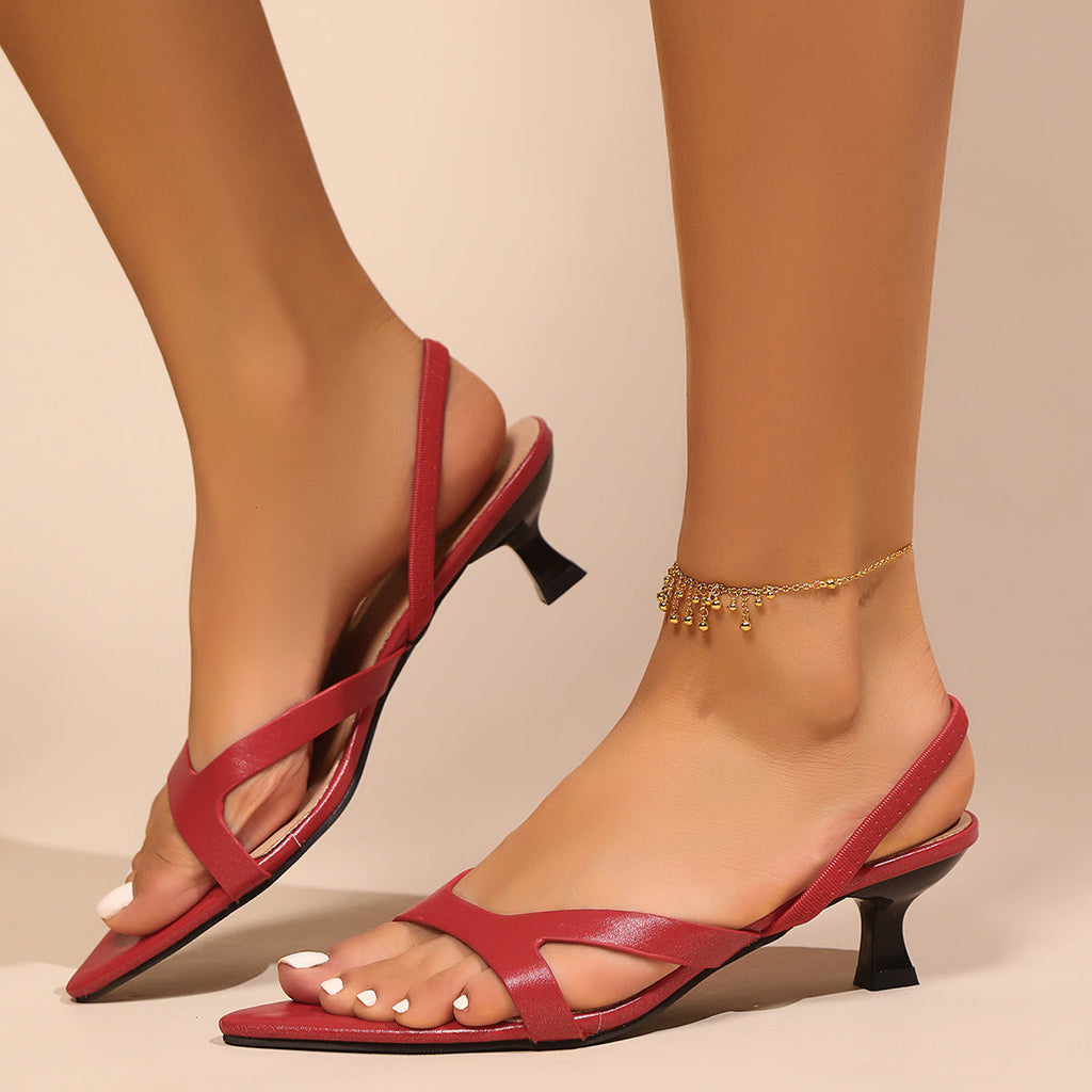 Women's pointed toe thin strap low heel sandals by FitiqueFit, minimalist summer footwear with wide size options.