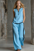 Women's minimalist sleeveless two-piece casualwear set from Plush Fashion Hub, featuring a stylish sleeveless top and matching pants.