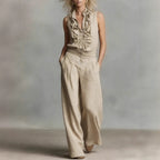 Women’s linen blend two-piece casualwear set with sleeveless shirt and wide-leg pants from FitiqueFit, styled for a relaxed look.