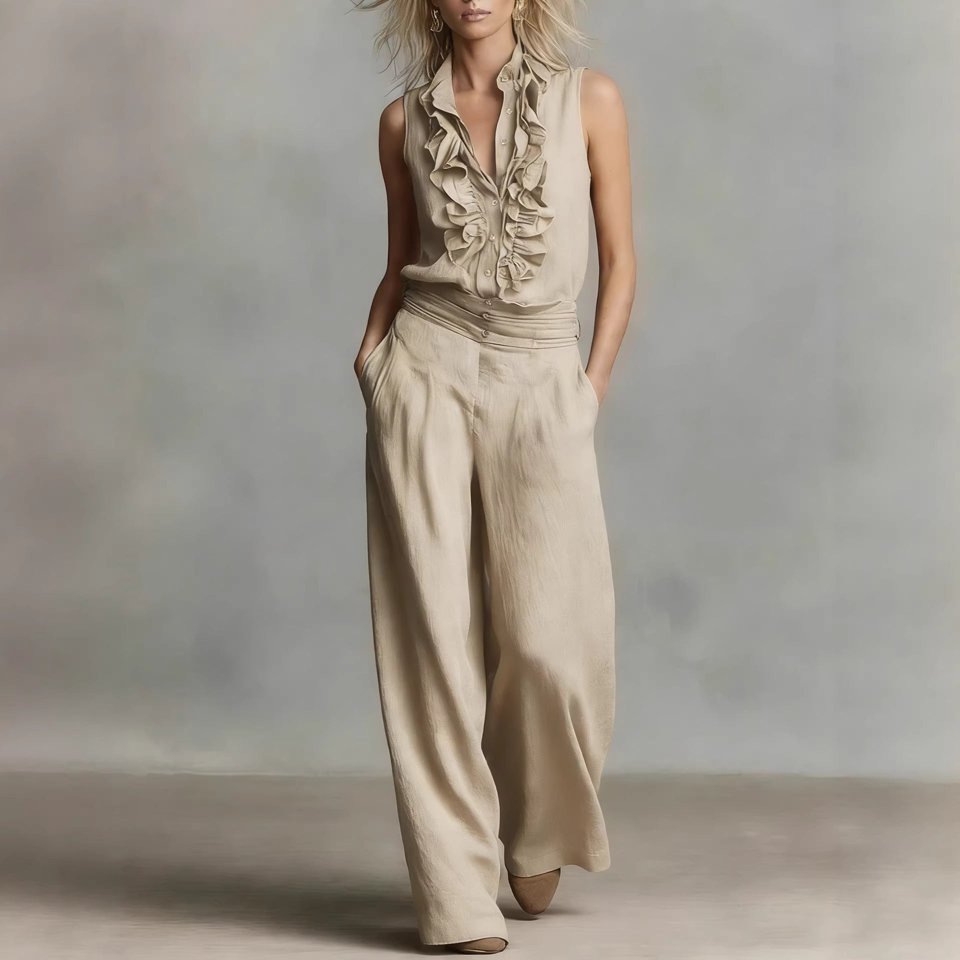 Women’s linen blend two-piece casualwear set with sleeveless shirt and wide-leg pants from FitiqueFit, styled for a relaxed look.
