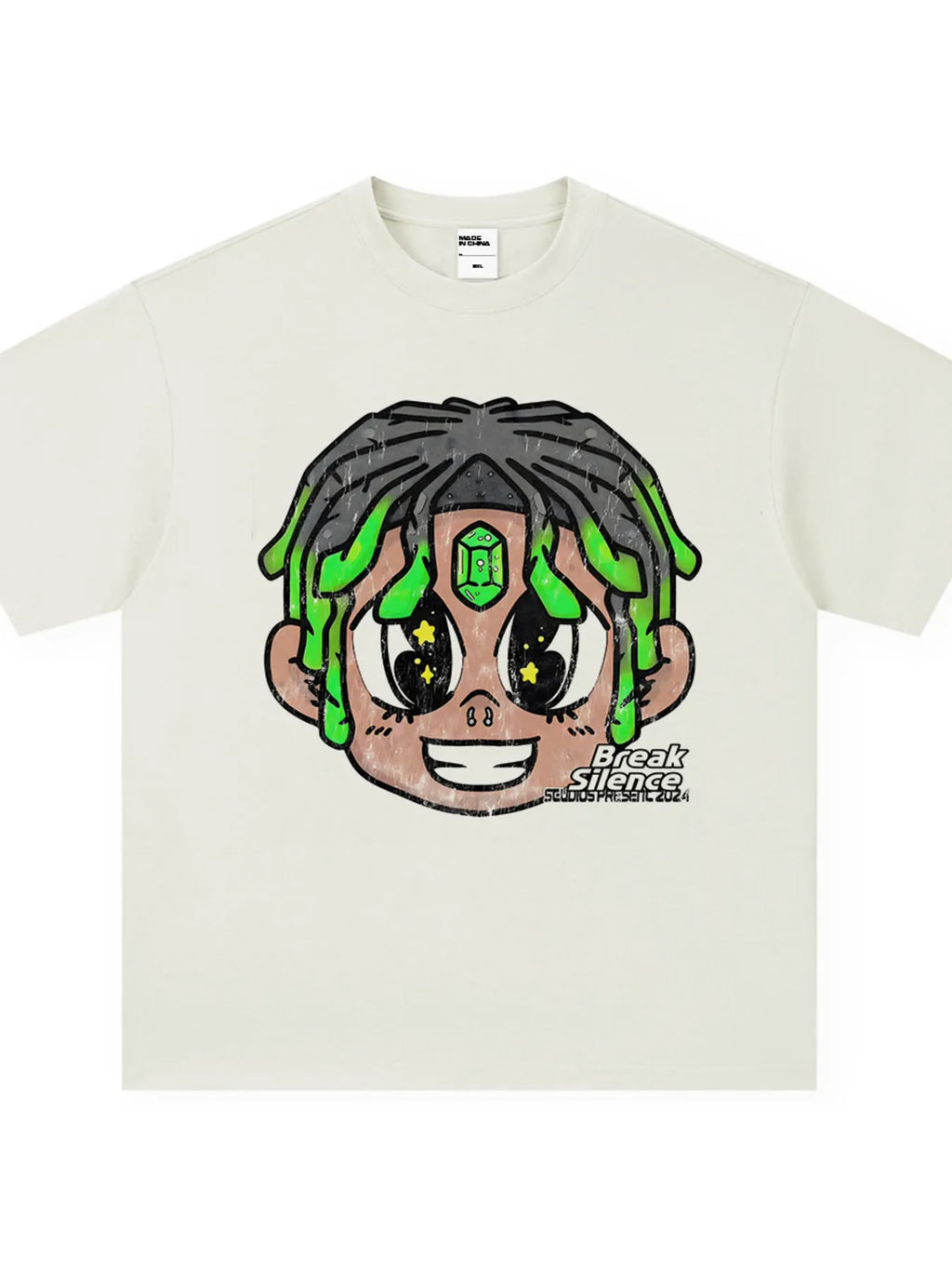 Men's oversized cotton-blend streetwear T-shirt with cartoon graphic from Plush Fashion Hub, featuring bold, colorful artwork.