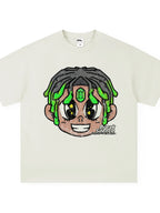 Men's oversized cotton-blend streetwear T-shirt with cartoon graphic from Plush Fashion Hub, featuring bold, colorful artwork.