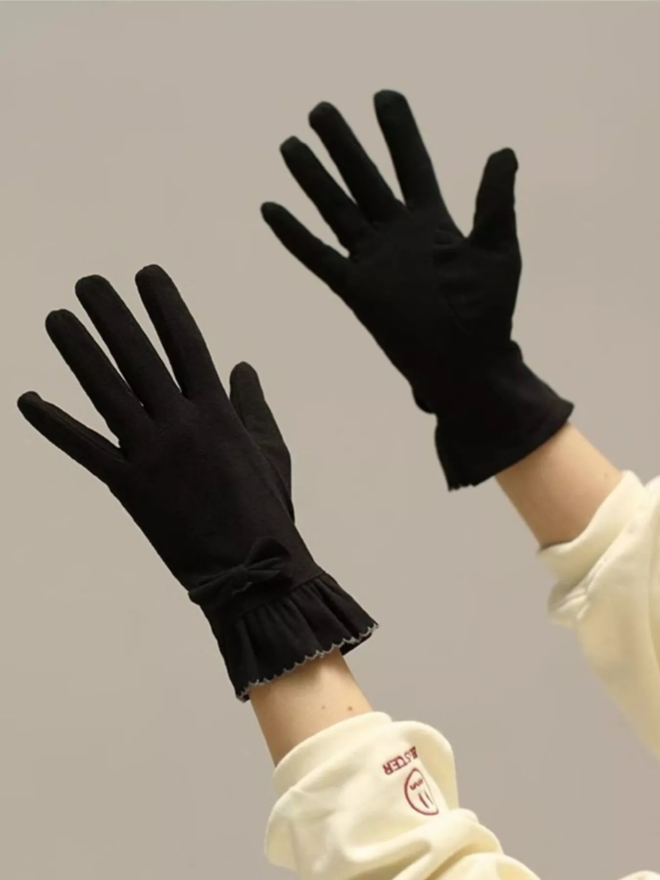 Simply Love ruffled cuff bow gloves with elegant design and decorative bows, perfect for stylish winter or formal wear.