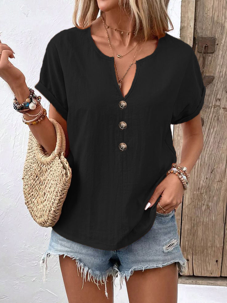 Women's buttoned V-neck short-sleeve T-shirt top by Plush Fashion Hub, featuring a stylish design and comfortable fit.