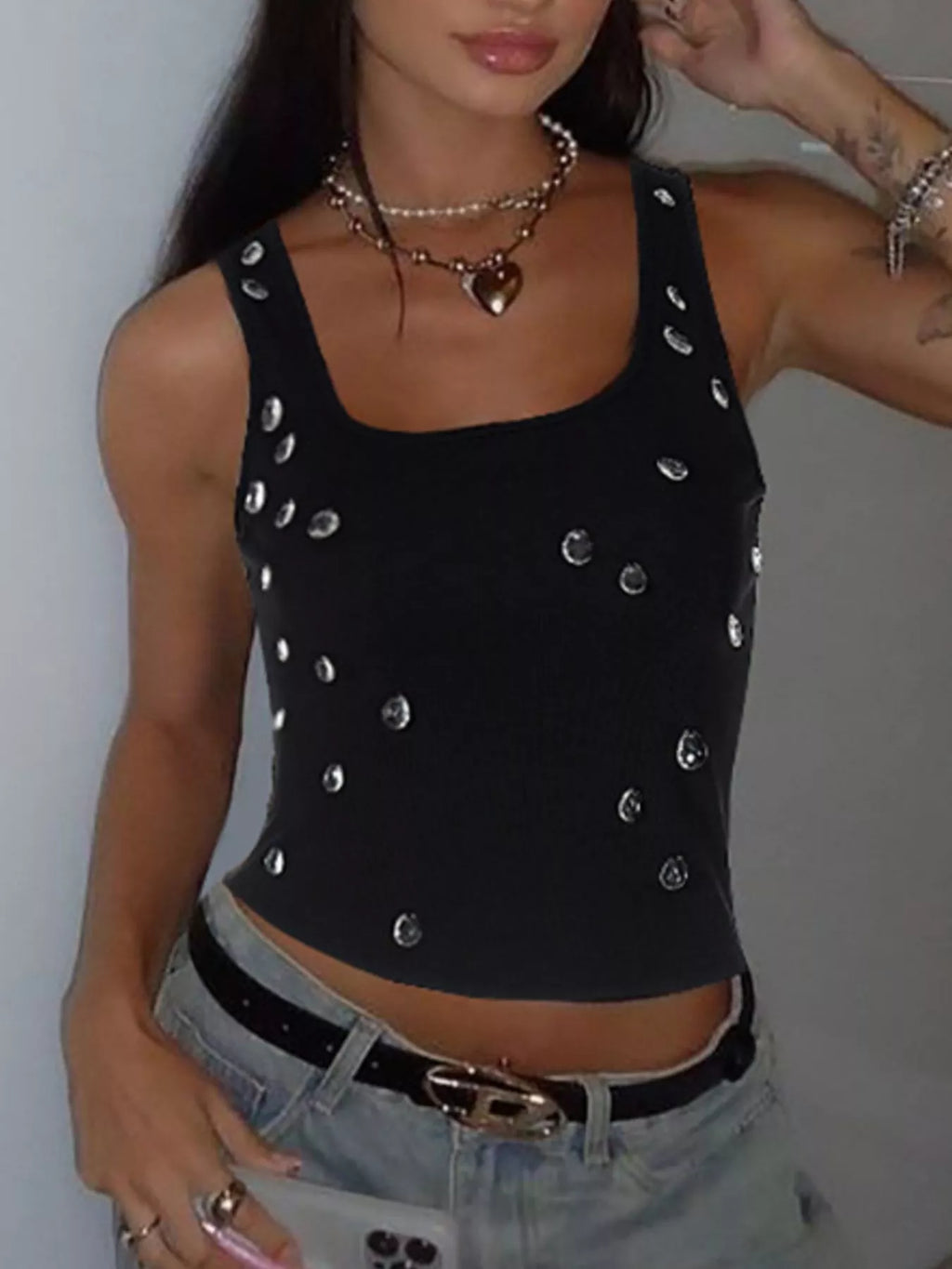 Shopimist bead-embellished square neck tank top with intricate bead details and a stylish square neckline.