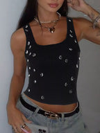 Shopimist bead-embellished square neck tank top with intricate bead details and a stylish square neckline.