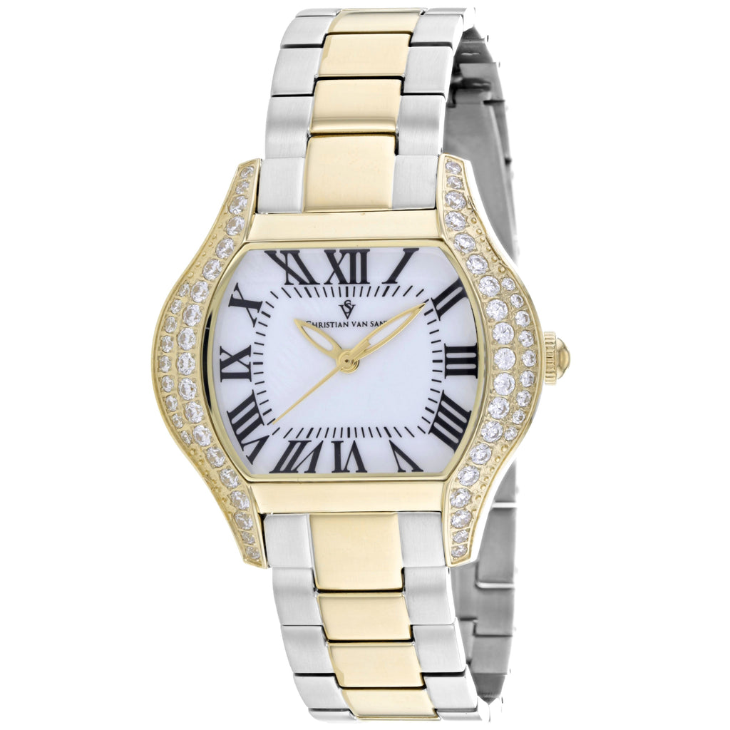 Christian Van Sant Women's Bianca watch with a sleek silver dial and elegant leather strap, showcasing sophisticated women's fashion.