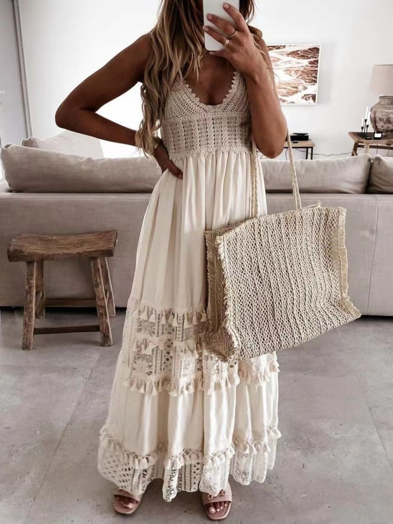 Plus size bohemian cami dress with crochet and tassel trim, flowy summer midi dress from Trendsi, featuring a relaxed fit and boho style.