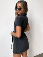 VYSN full size zip front short sleeve denim dress, plus size, casual clothing with front zipper and classic denim style.