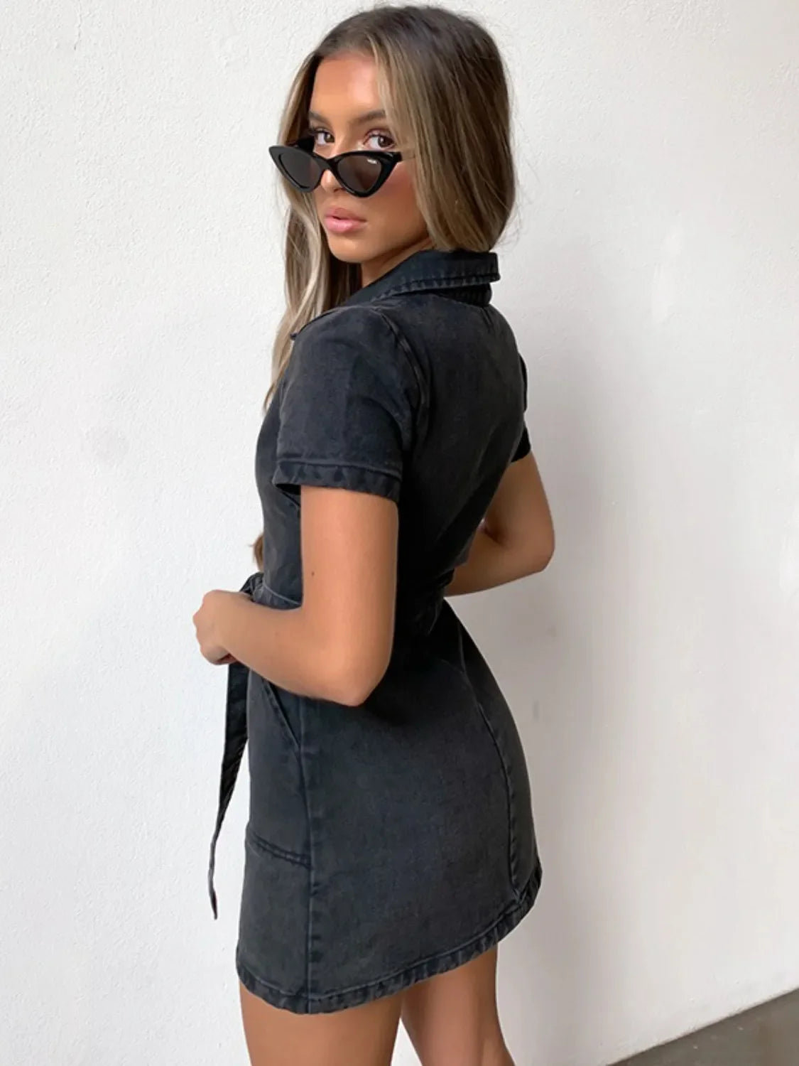 VYSN full size zip front short sleeve denim dress, plus size, casual clothing with front zipper and classic denim style.