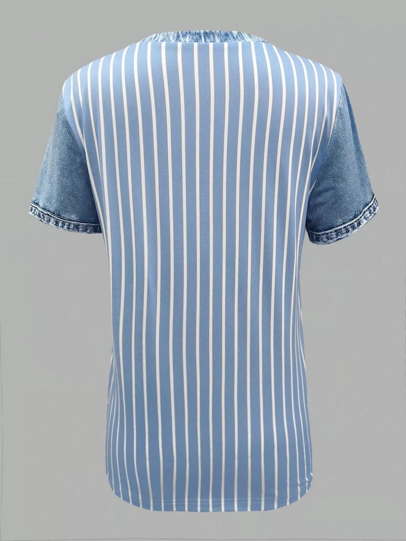 Denim patchwork short sleeve blouse by Plush Fashion Hub featuring a casual, stylish design with patchwork denim details.