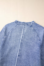 VYSN raw hem button-down long sleeve denim dress shown on a mannequin, featuring a classic collar and casual fit.