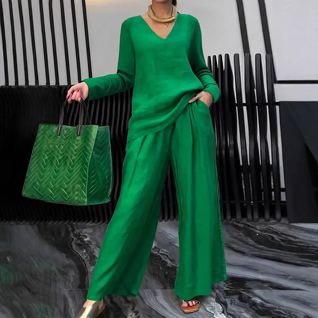 Solid color long sleeve top and pants two-piece travel set by Plush Fashion Hub, casual comfortable loungewear.