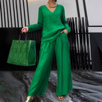 Solid color long sleeve top and pants two-piece travel set by Plush Fashion Hub, casual comfortable loungewear.