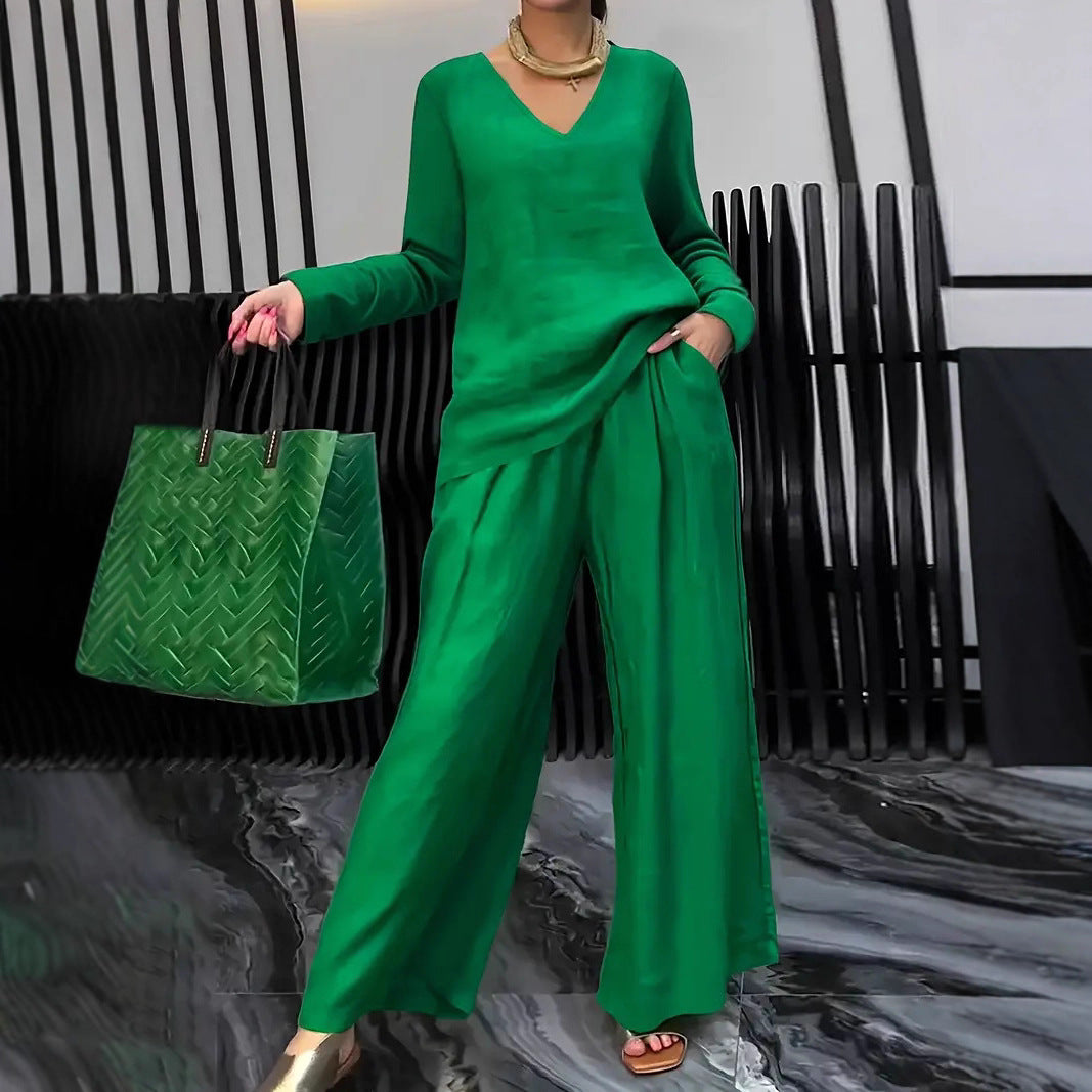 Solid color long sleeve top and pants two-piece travel set by Plush Fashion Hub, casual comfortable loungewear.
