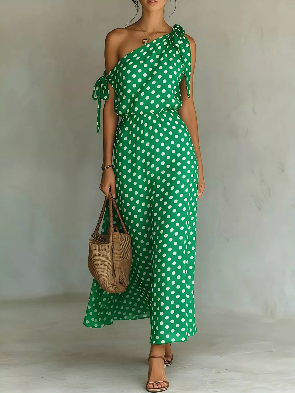 Plus size full-length polka dot one-shoulder maxi dress by Trendsi, featuring a stylish design and flowing fabric.