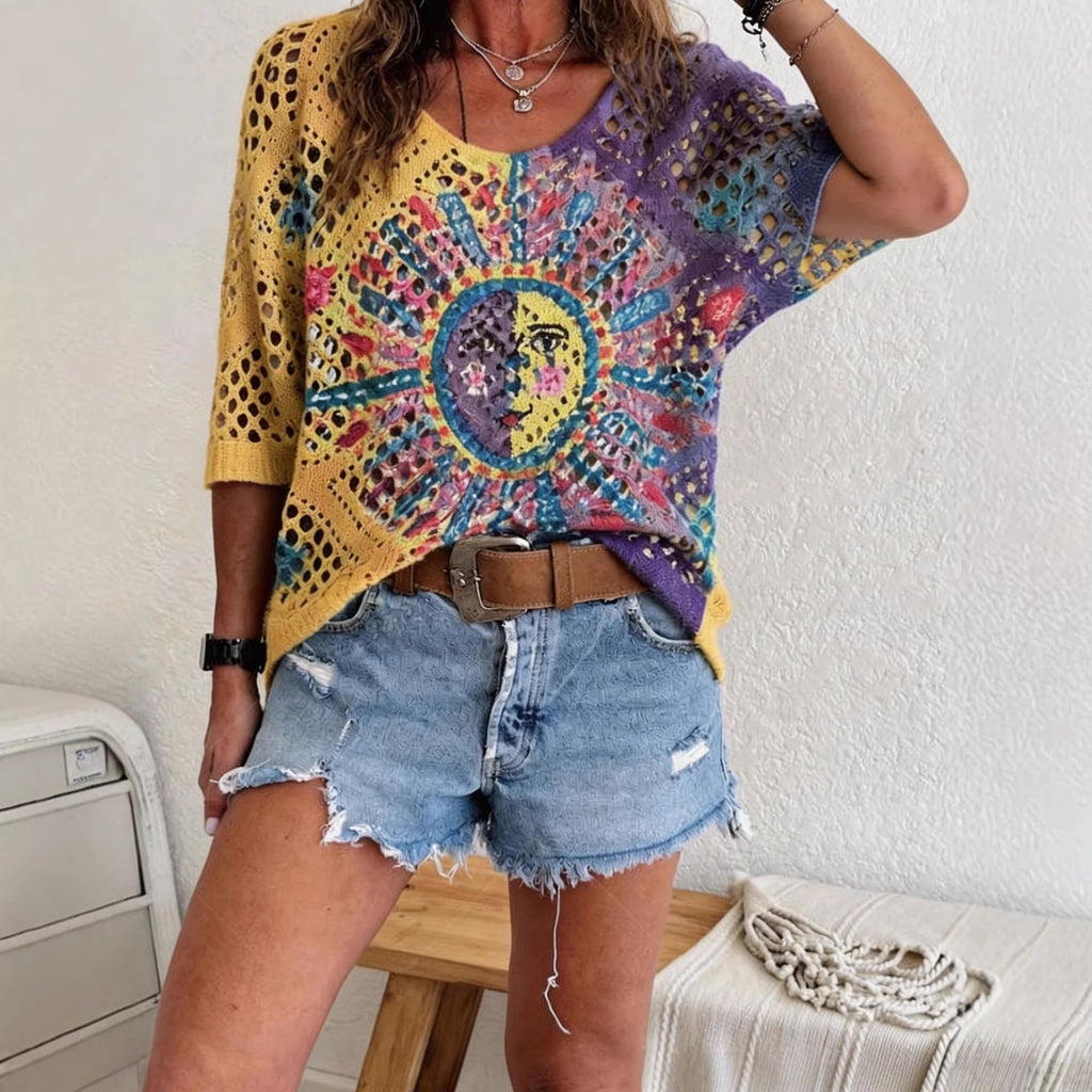 Women's batwing-sleeve sweater with hollowed-out 3D knitted print, relaxed fit, from FitiqueFit, styled as a casual top.