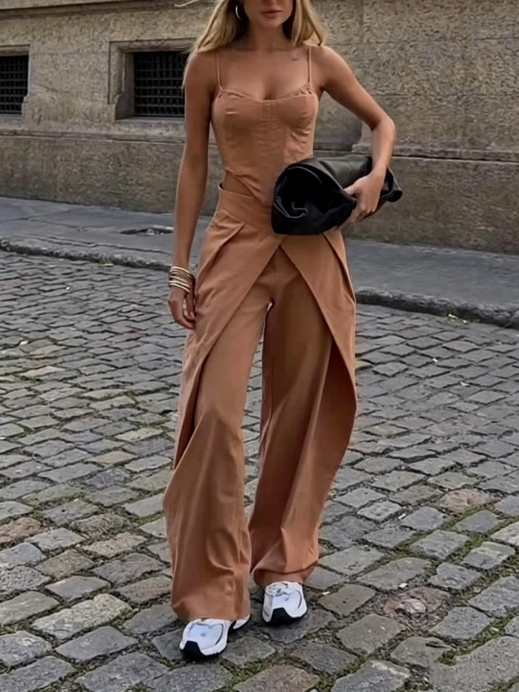 Camel spaghetti strap corset top and wide-leg pants set from FitiqueFit, casualwear styled for a relaxed, fashionable look.