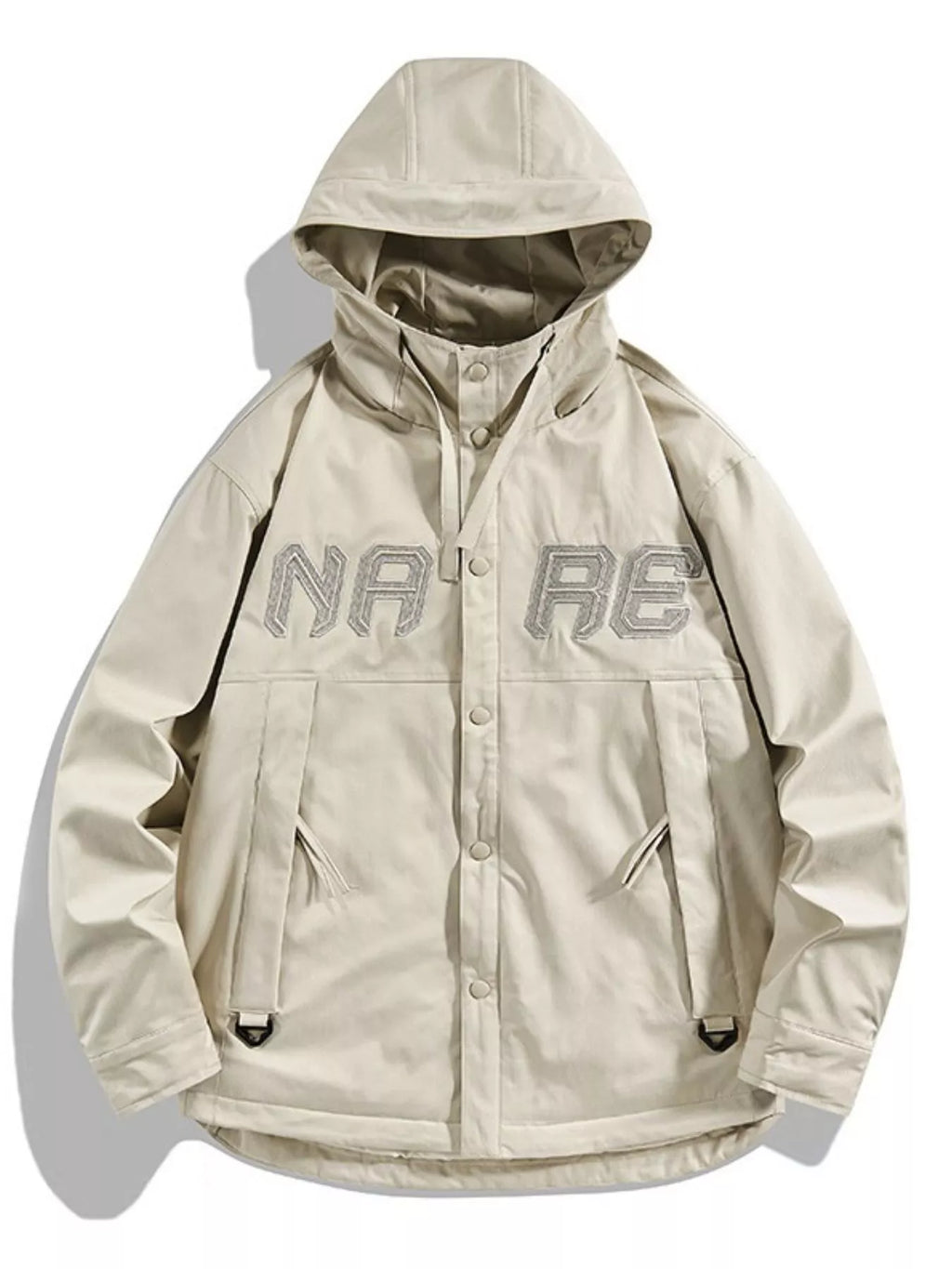 Men's plus size snap down long sleeve hooded jacket by Shopimist, showing front view with zipper and hood in dark color.