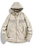 Men's plus size snap down long sleeve hooded jacket by Shopimist, showing front view with zipper and hood in dark color.