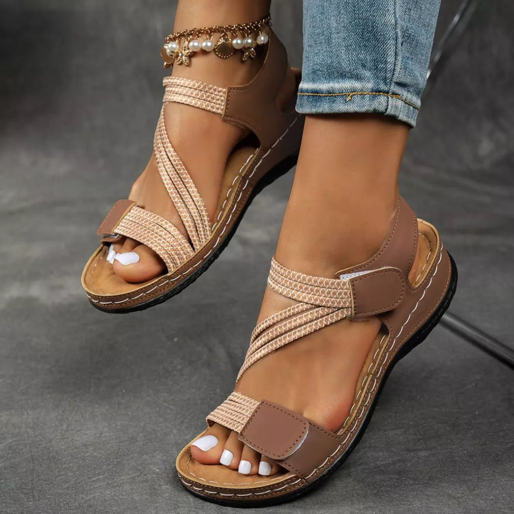 Open toe wedge sandals by Shopimist featuring a stylish design with a comfortable cork heel and ankle strap.