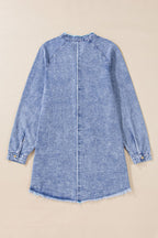 VYSN raw hem button-down long sleeve denim dress displayed on a hanger, showcasing its casual style and raw hem details.