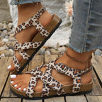 Leopard buckle platform sandals by Shopimist featuring animal print straps and chunky heels on a neutral background.