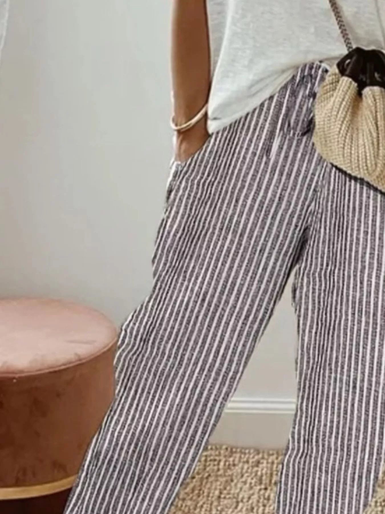 Plush Fashion Hub striped cropped pants with a relaxed fit and casual style, featuring bold horizontal stripes and a comfortable waistband.
