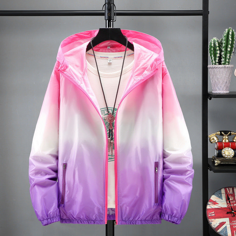 Lightweight FitiqueFit hooded sun-protective jacket, shown with a front zipper, adjustable hood, and breathable fabric for outdoor wear.