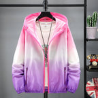 Lightweight FitiqueFit hooded sun-protective jacket, shown with a front zipper, adjustable hood, and breathable fabric for outdoor wear.