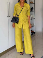 Shopimist tie-front top and wide-leg pants set, featuring a stylish tied blouse and flowy, comfortable wide-leg trousers.