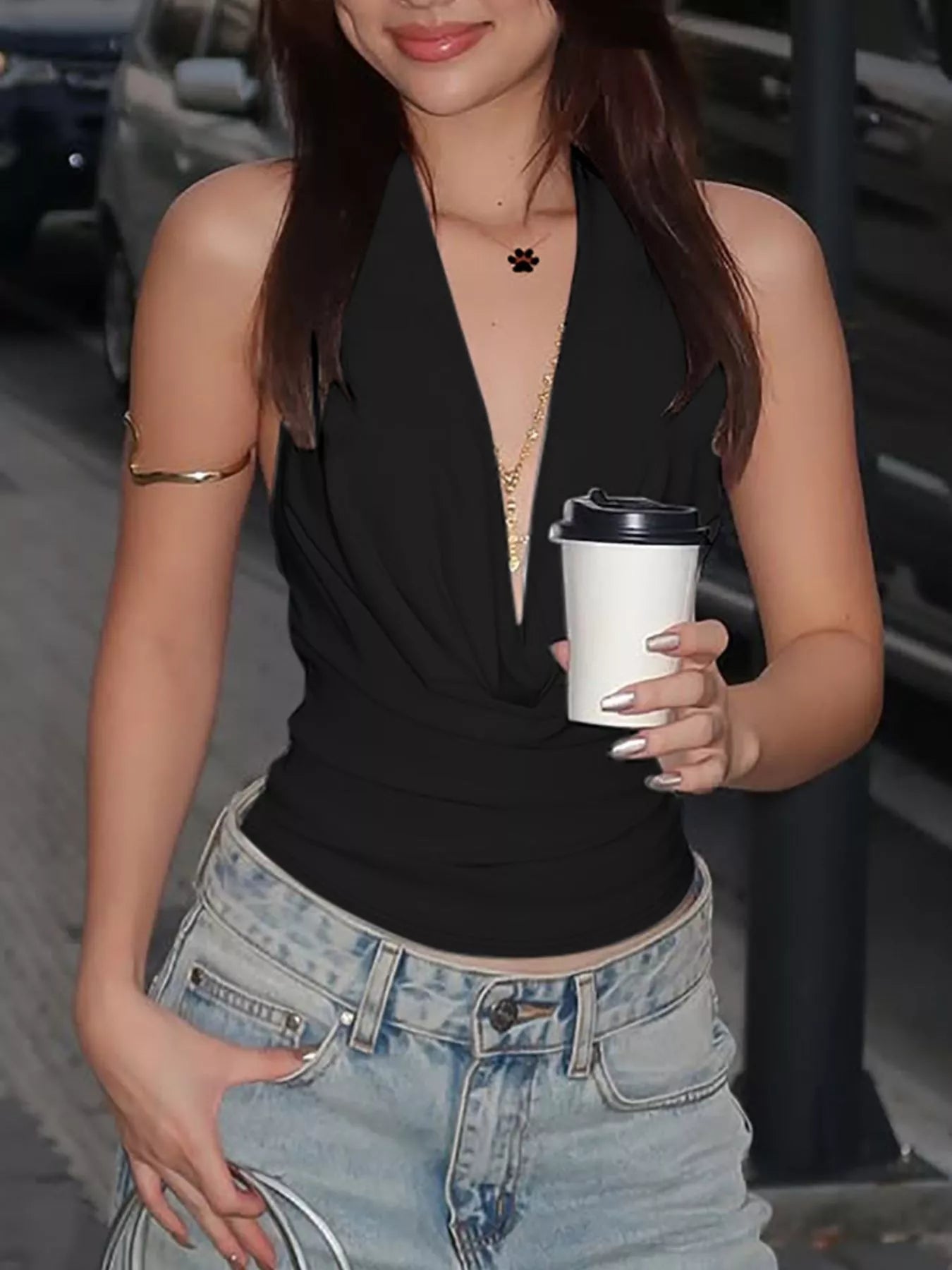 Halter neck ruched cami top from Plush Fashion Hub, featuring a fitted design with ruched detailing and a stylish halter neckline.