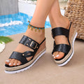 Open toe wedge sandals by Shopimist featuring tan straps and a comfortable cork heel, perfect for casual summer wear.